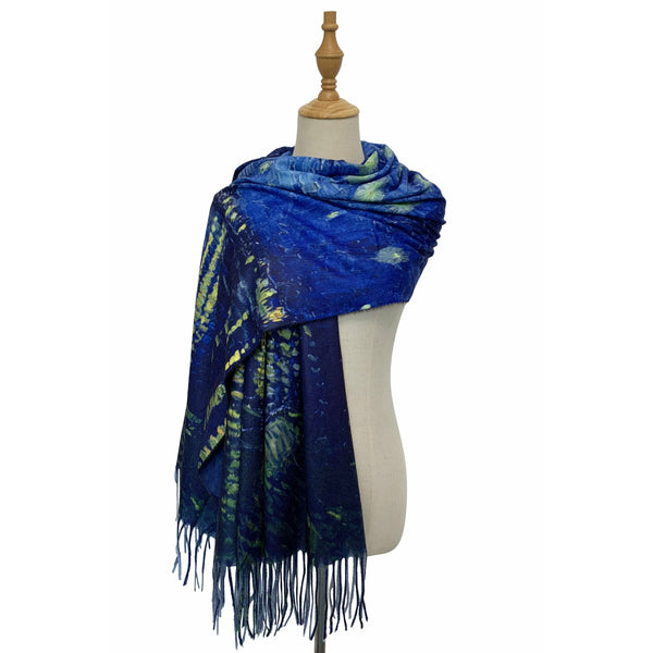 Van Gogh - Starry Over The Rhone Wool Blend Scarf with Tassel Edge