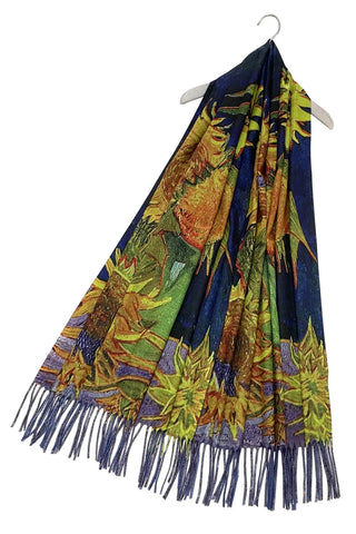 Van Gogh - 6 Sunflowers Wool Blend Scarf with Tassel Edge