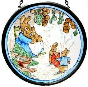 Hand Painted Stained Glass Roundel - Beatrix Potter Mrs Rabbit with Flopsy Bunnies and Peter in their Burrow(5")