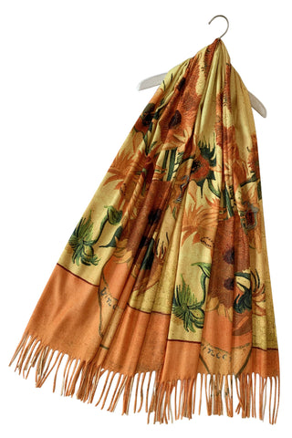Van Gogh Sunflowers Print Wool Scarf with Tassel Edge